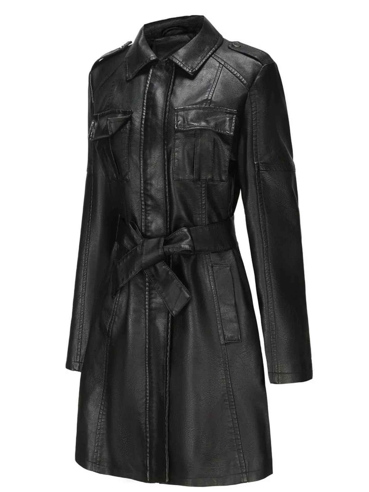 1960s Lapel Belted Long Leather Jacket sold by Retro Stage product image thumbnail 2