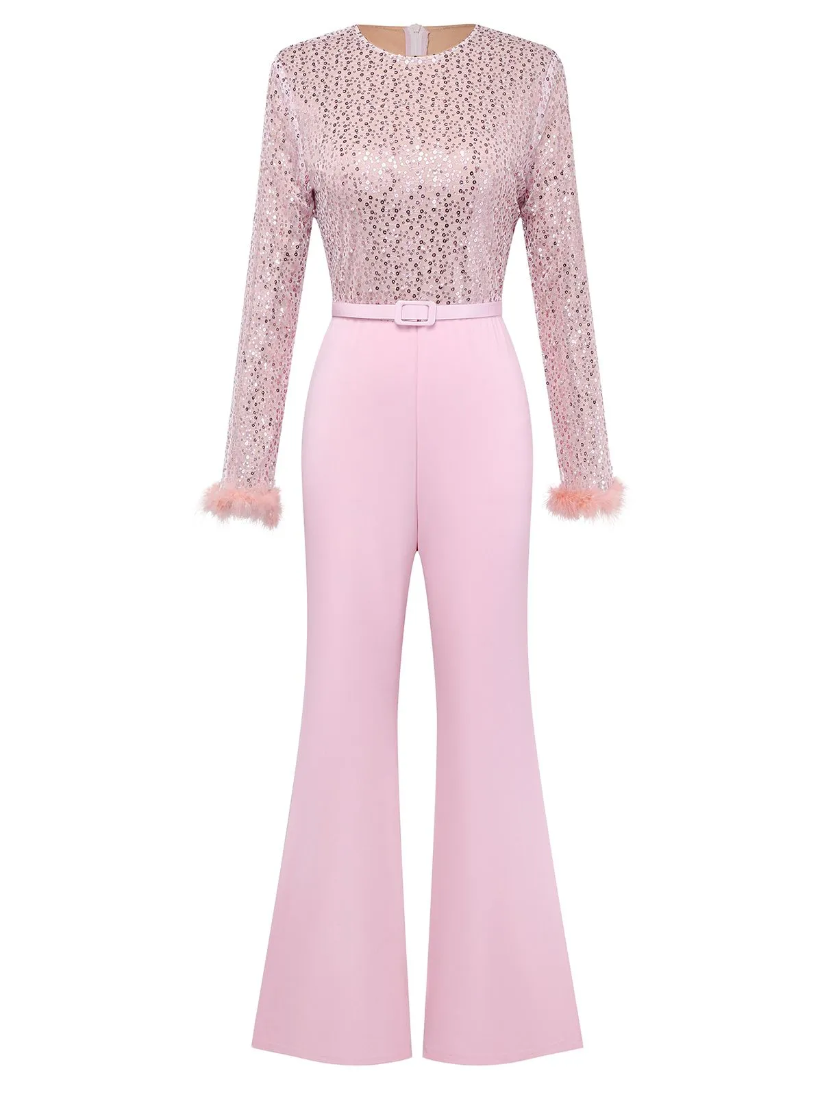 Pink 1970s Sequin Feather -Sleeve Wide-Leg Jumpsuit sold by Retro Stage