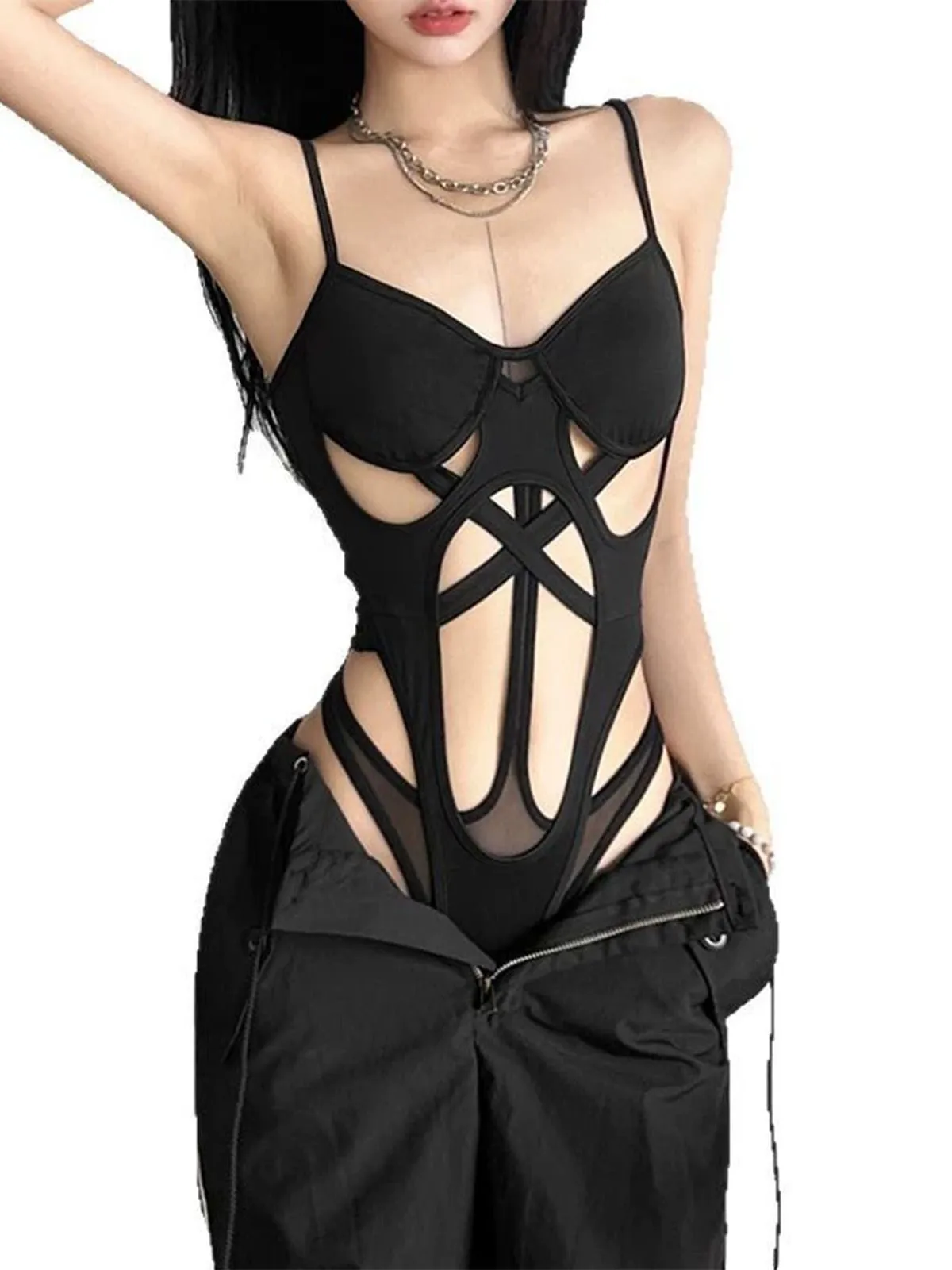 Black 1970s Cutout Bodycon Strap Bodysuit sold by Retro Stage product image thumbnail 5