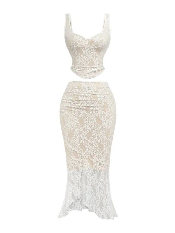 2PCS White 1980s Lace Floral V-Neck Tank & Mermaid Skirt sold by Retro Stage
