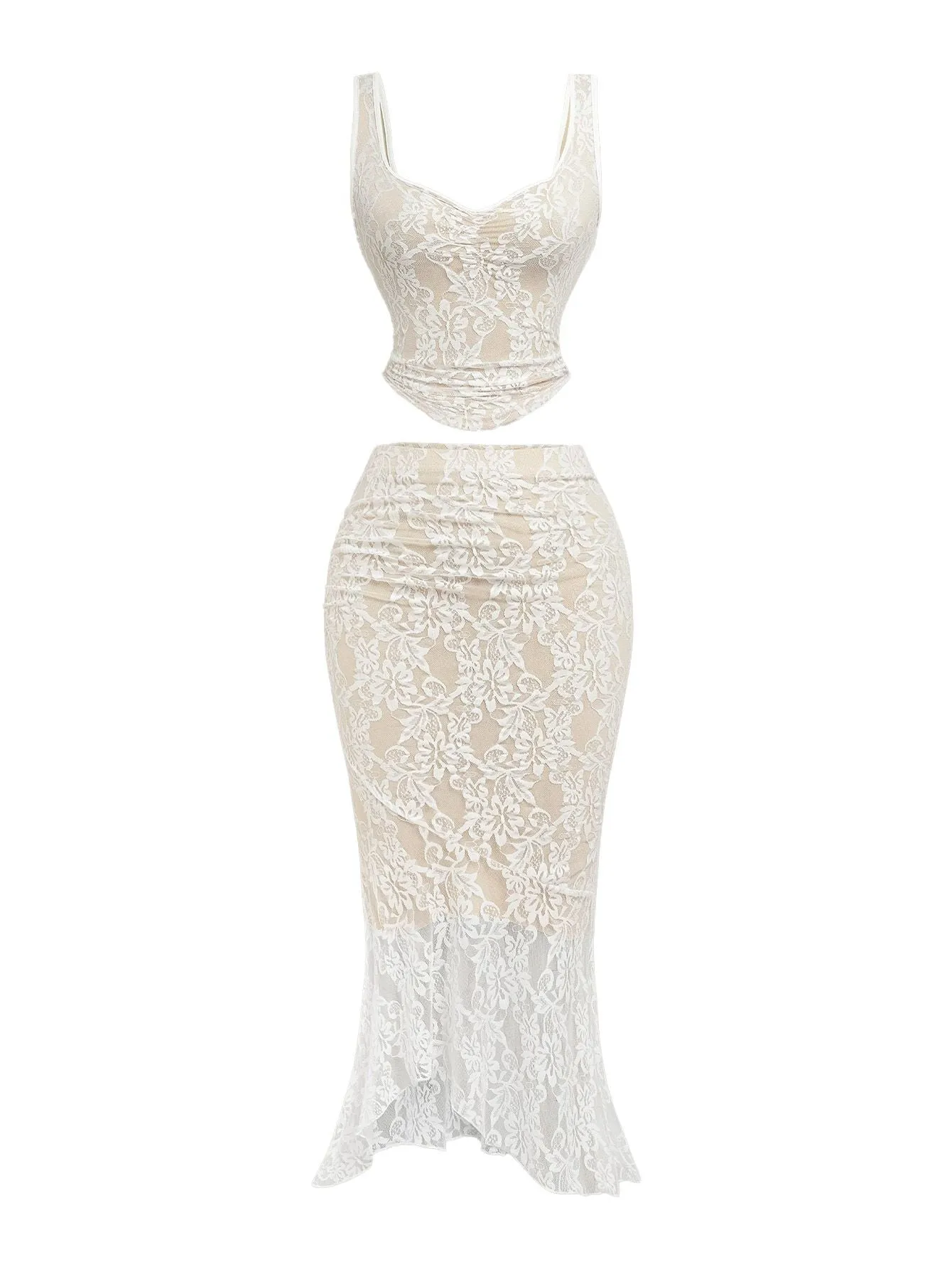 2PCS White 1980s Lace Floral V-Neck Tank & Mermaid Skirt sold by Retro Stage