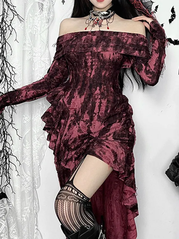 Dark Red 1980s Off Shoulder Distressed Dress sold by Retro Stage