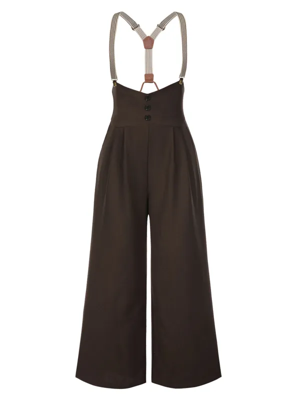 [Plus Size] Dark Brown 1950s Button Suspender Pants sold by Retro Stage