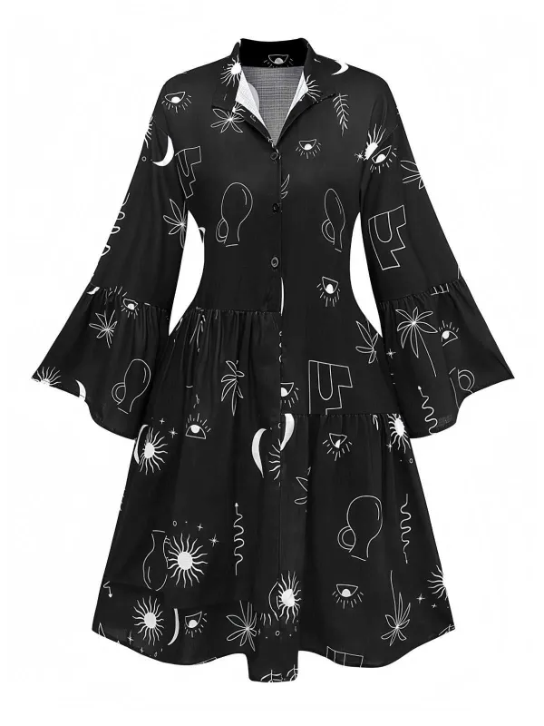 Black 1970s Printed Flare Sleeve Shirt Dress sold by Retro Stage