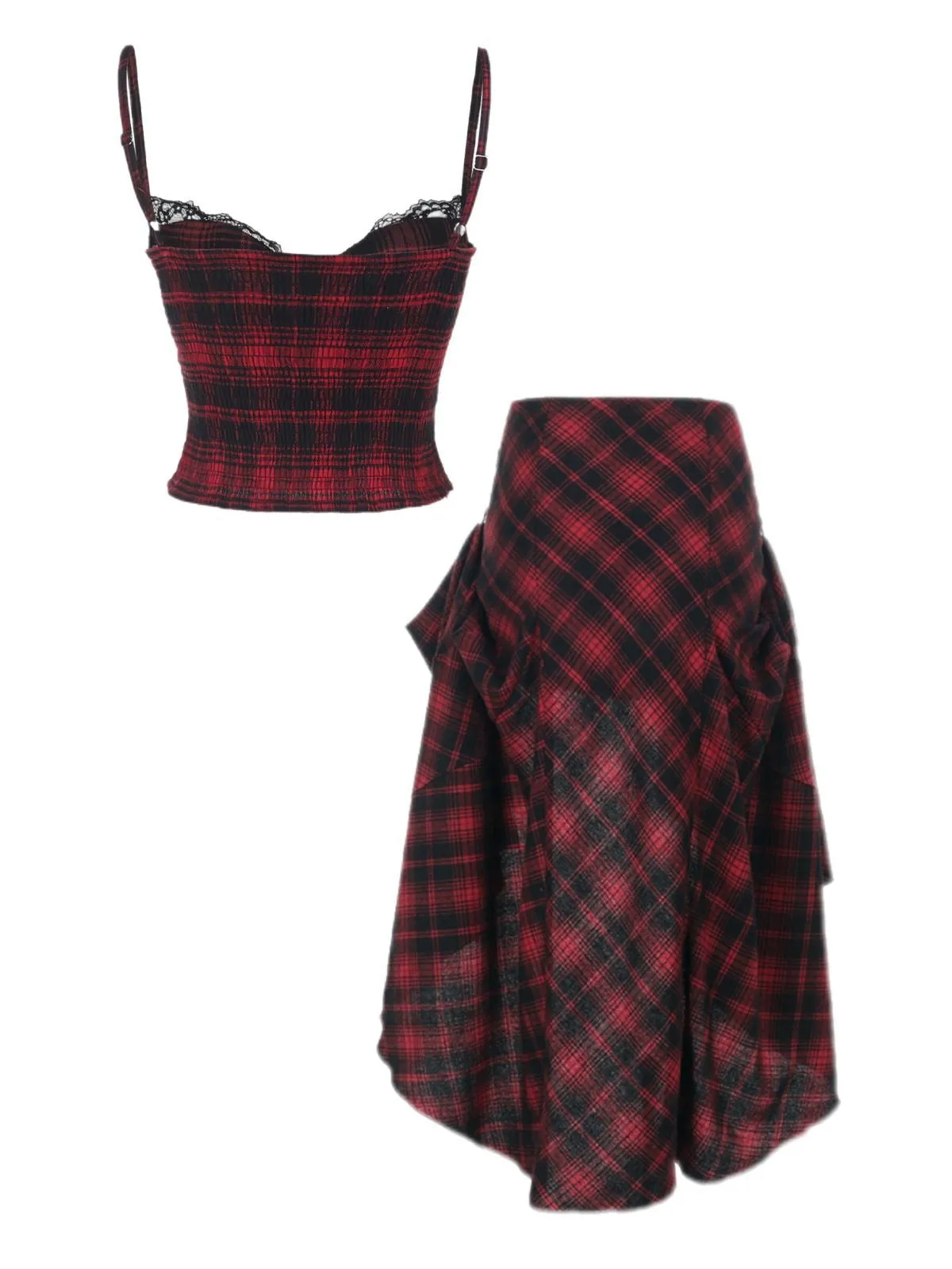 2PCS Red 1980s Plaid Smocked Top & High-Low Hem Skirt sold by Retro Stage product image thumbnail 2