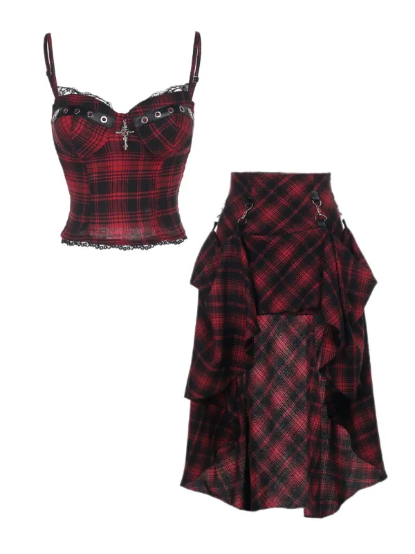 2PCS Red 1980s Plaid Smocked Top & High-Low Hem Skirt sold by Retro Stage