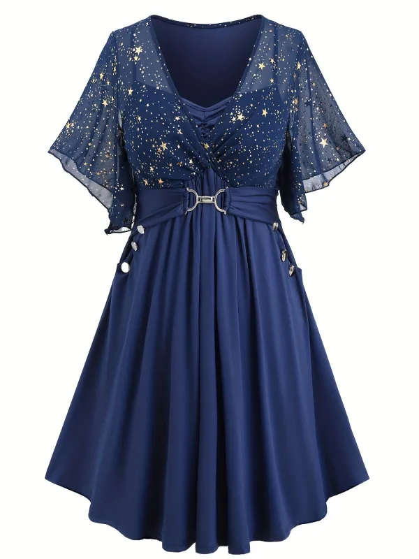[Plus Size] Navy Blue 1970s Star Print Ruffle Flounce Sleeve Dress sold by Retro Stage