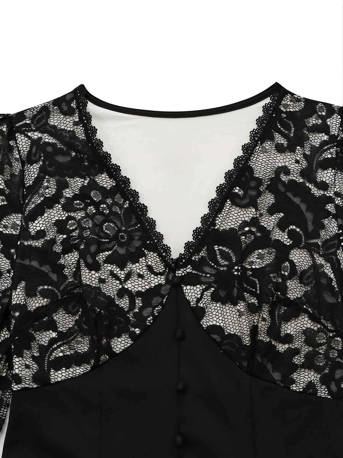 Black 1930s V-Neck Floral Lace Fishtail Dress sold by Retro Stage product image thumbnail 3