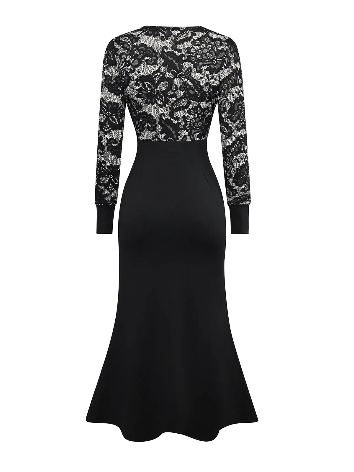 Black 1930s V-Neck Floral Lace Fishtail Dress sold by Retro Stage product image thumbnail 2