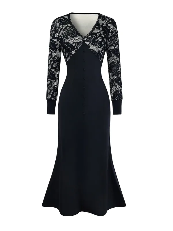 Black 1930s V-Neck Floral Lace Fishtail Dress sold by Retro Stage