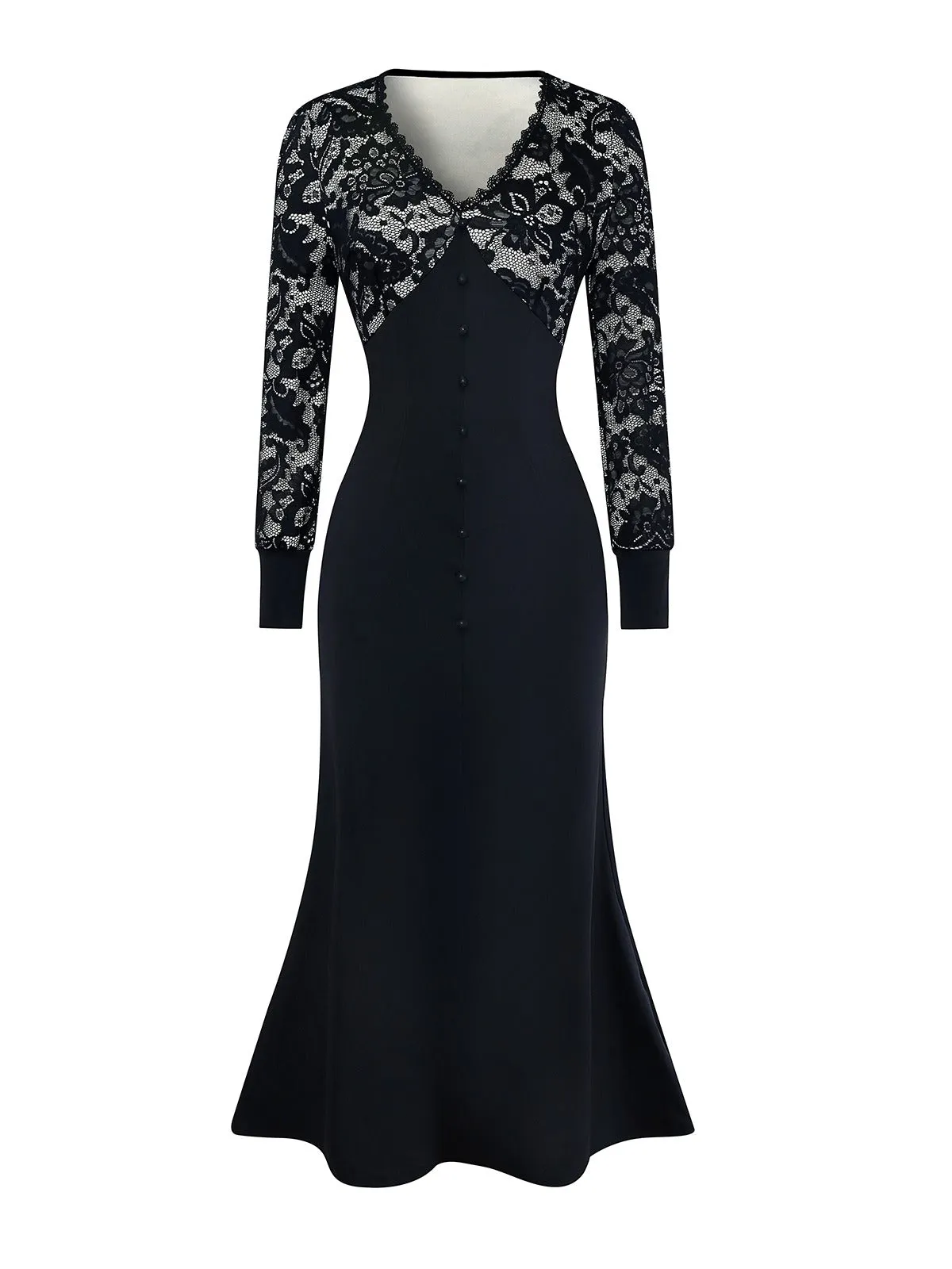 Black 1930s V-Neck Floral Lace Fishtail Dress sold by Retro Stage