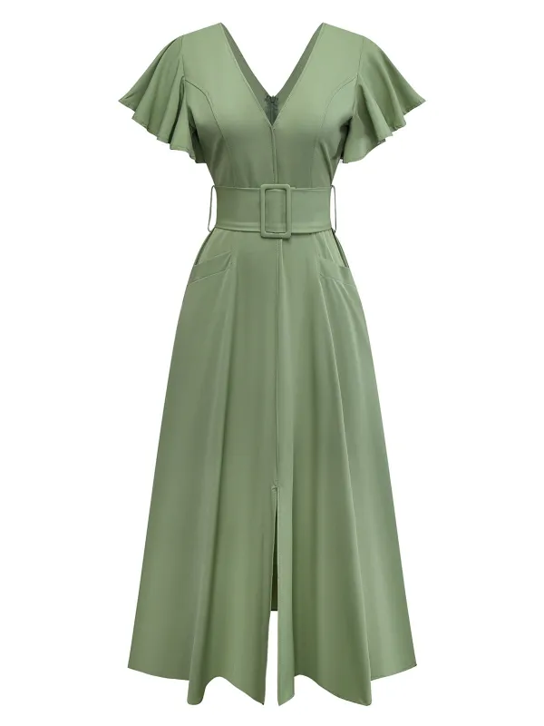 1940s Solid Flare Sleeve Deep V Belted Dress sold by Retro Stage