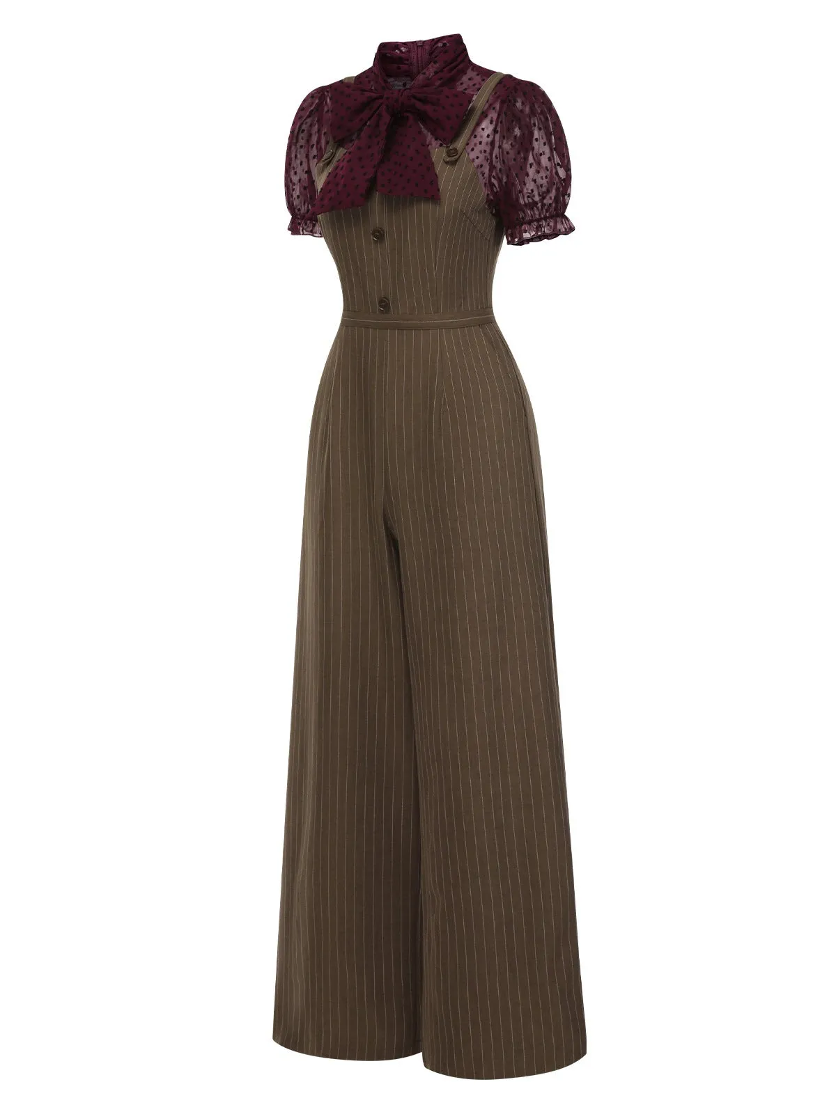 Red 1930s Mesh Patchwork Vertical Stripe Jumpsuit sold by Retro Stage product image thumbnail 4