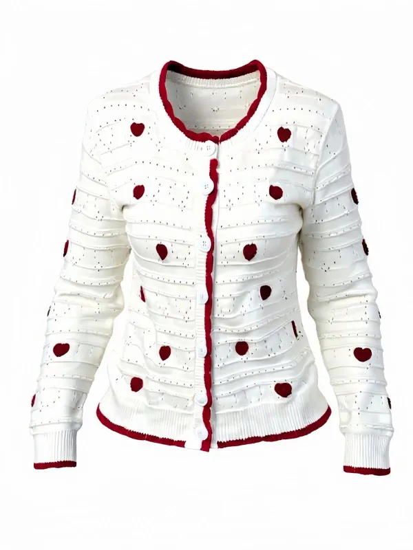 White 1950s Heart Contrast Knitted Cardigan sold by Retro Stage