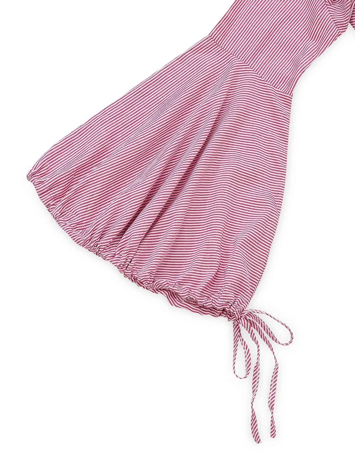 Pink 1950s Bell Sleeve Lace-Up Stripe Blouse sold by Retro Stage product image thumbnail 4