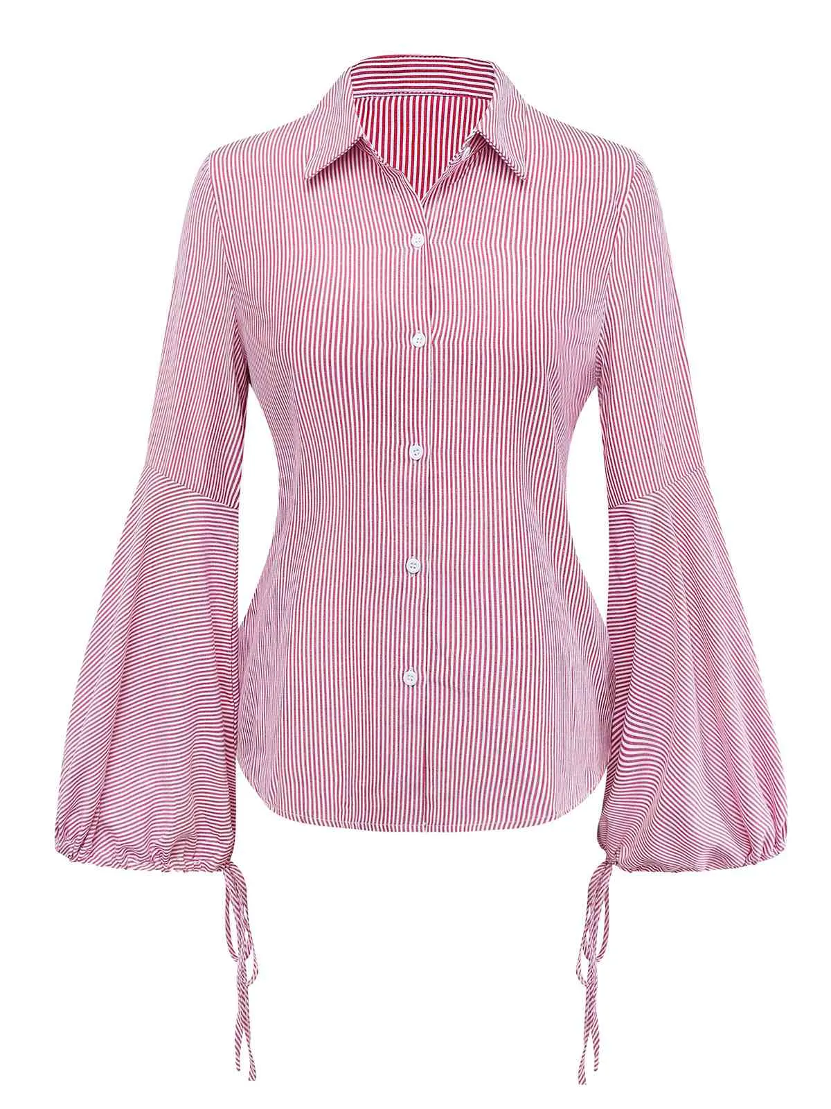 Pink 1950s Bell Sleeve Lace-Up Stripe Blouse sold by Retro Stage