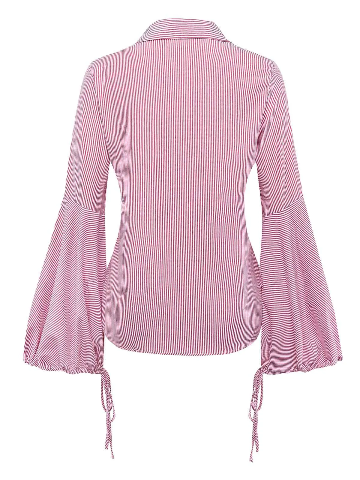 Pink 1950s Bell Sleeve Lace-Up Stripe Blouse sold by Retro Stage product image thumbnail 2