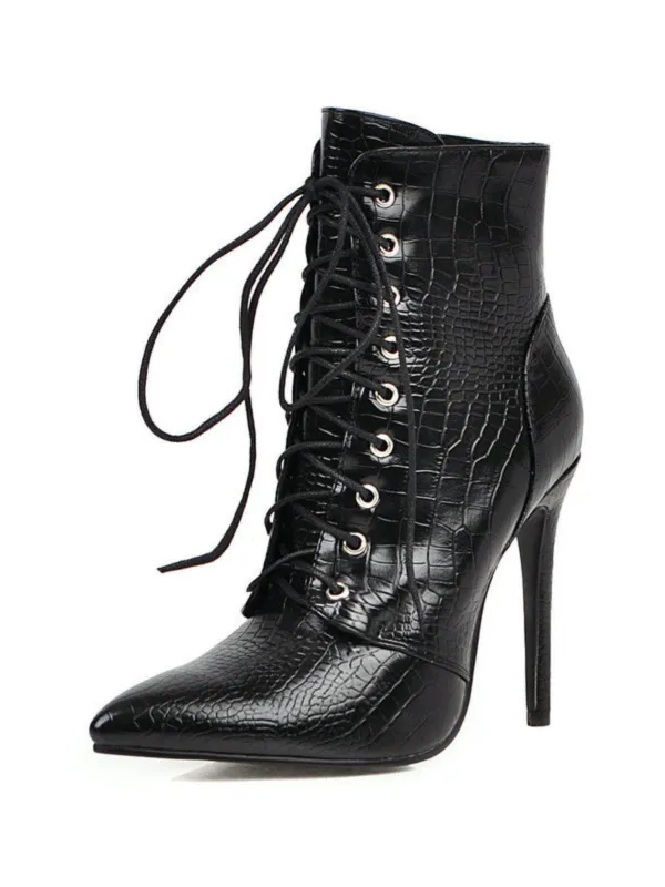 Faux Crocodile Leather Lace-Up Mid-Calf Boots sold by Retro Stage