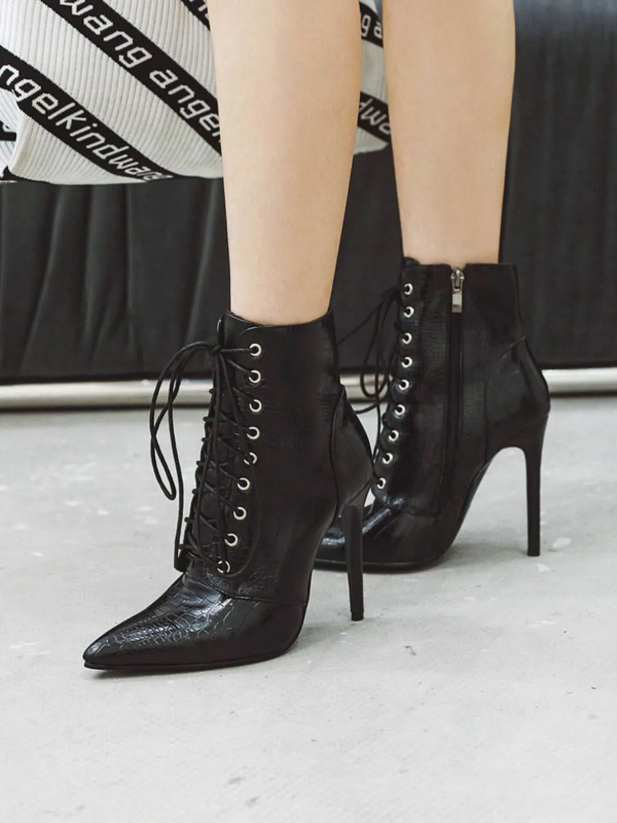 Faux Crocodile Leather Lace-Up Mid-Calf Boots sold by Retro Stage product image thumbnail 4