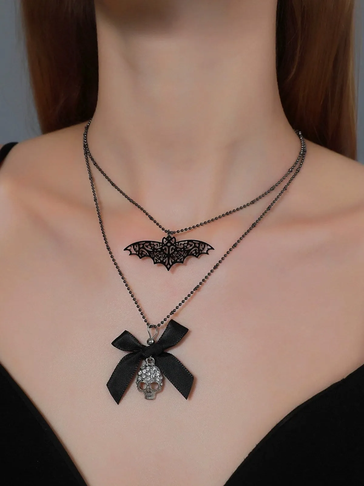 Gothic Bow Bat Skeleton Double Layer Necklace sold by Retro Stage product image thumbnail 2