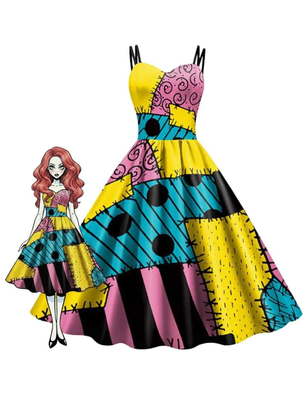 Multicolor 1950s Nightmare Before Christmas Sally Colorblock Dress sold by Retro Stage