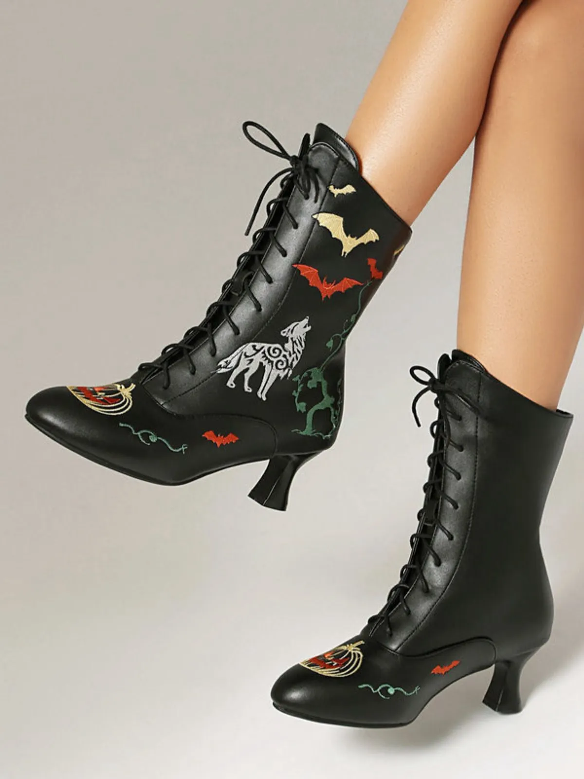 Halloween Bat Pumpkin Lace-Up Mid-Calf Boots sold by Retro Stage product image thumbnail 4