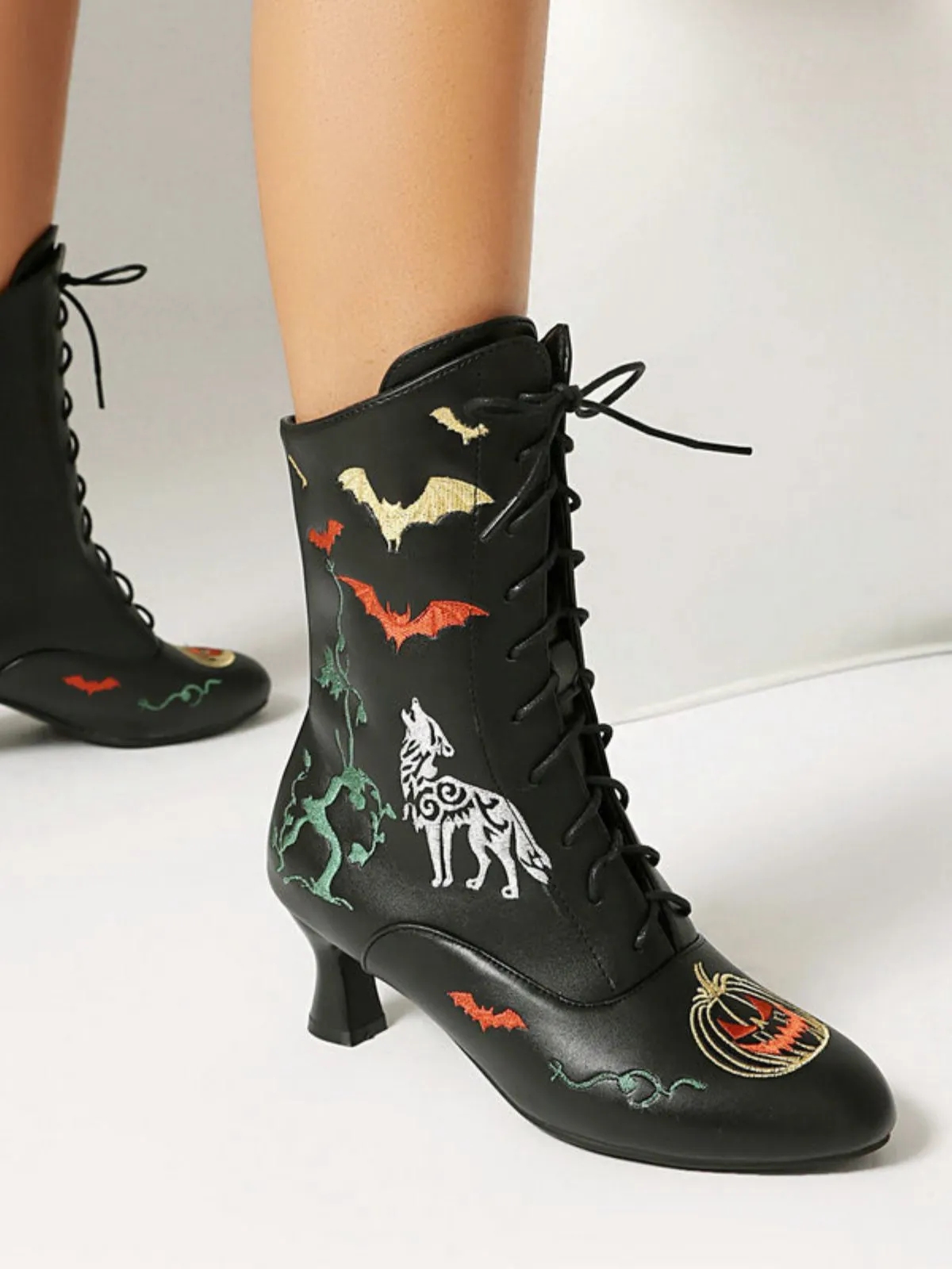 Halloween Bat Pumpkin Lace-Up Mid-Calf Boots sold by Retro Stage product image thumbnail 5