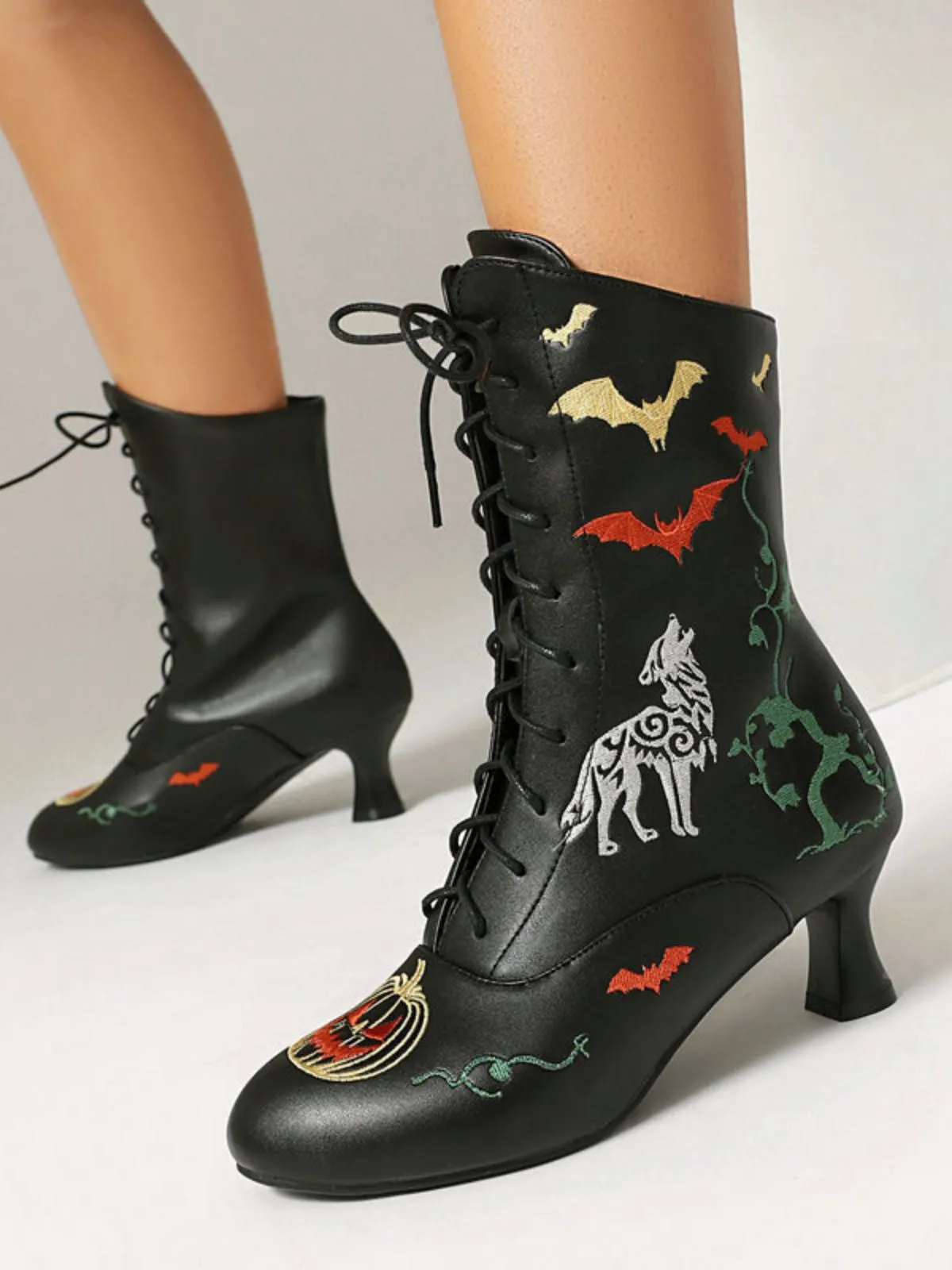 Halloween Bat Pumpkin Lace-Up Mid-Calf Boots sold by Retro Stage product image thumbnail 3