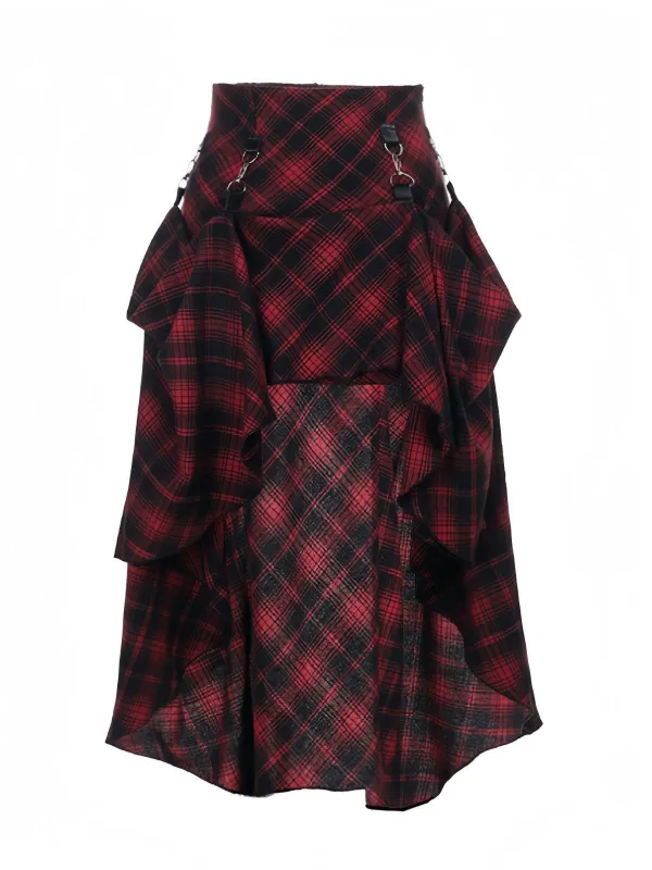 Red 1980s Scottish Plaid High-Low Hem Skirt sold by Retro Stage