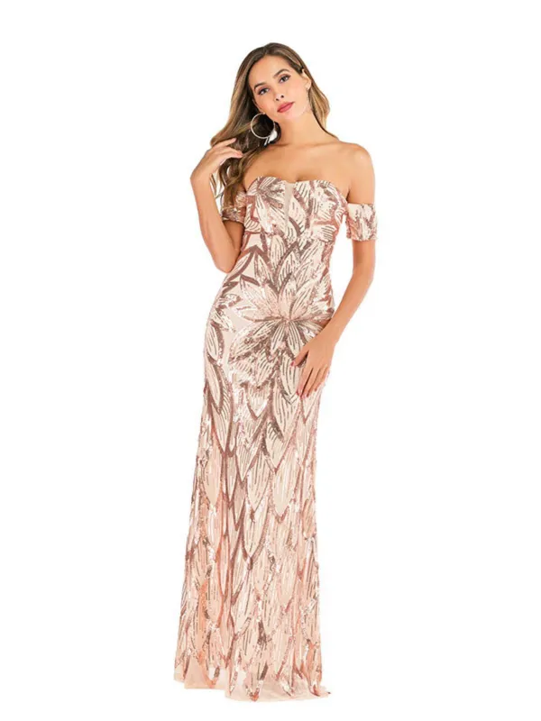 Champagne 1920s Floral Sequined Off-Shoulder Dress sold by Retro Stage