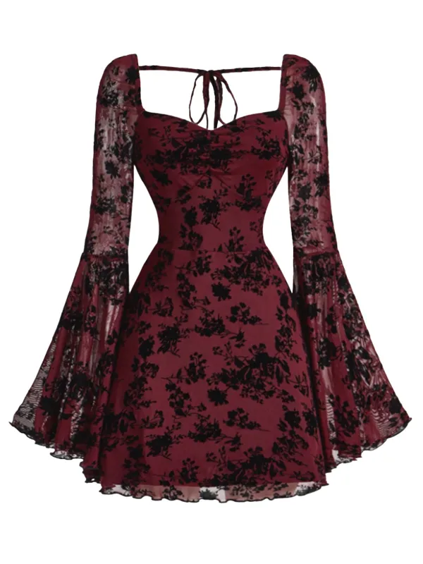 Wine Red 1950s Lace Floral Bishop Sleeves Dress sold by Retro Stage