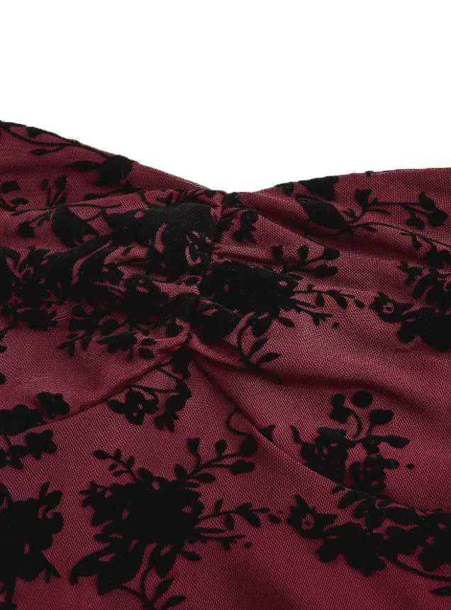 Wine Red 1950s Lace Floral Bishop Sleeves Dress sold by Retro Stage product image thumbnail 4
