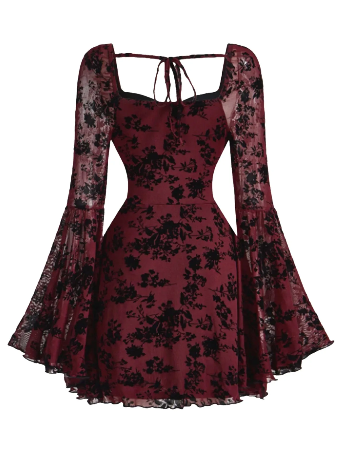 Wine Red 1950s Lace Floral Bishop Sleeves Dress sold by Retro Stage product image thumbnail 2