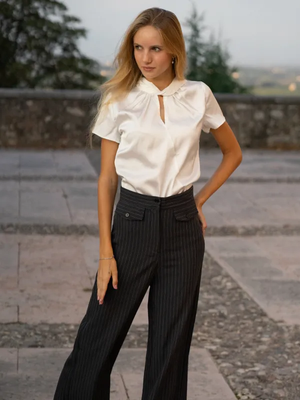 2PCS 1930s White Satin Blouse & Gray Pinstripes Pants sold by Retro Stage