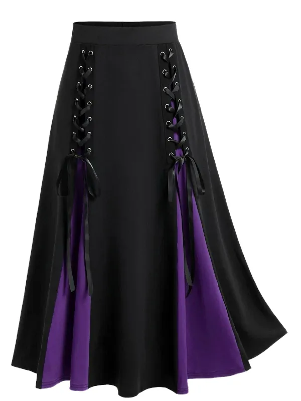 [Plus Size] 1970s Colorblock Lace-Up High-Waist Skirt sold by Retro Stage