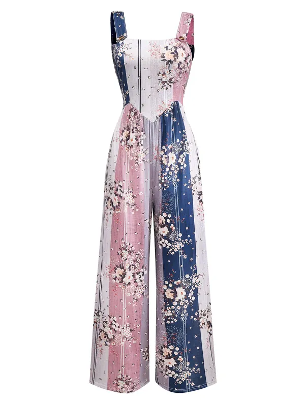 1930s Floral Colorblock High-Rise Suspender Jumpsuit sold by Retro Stage