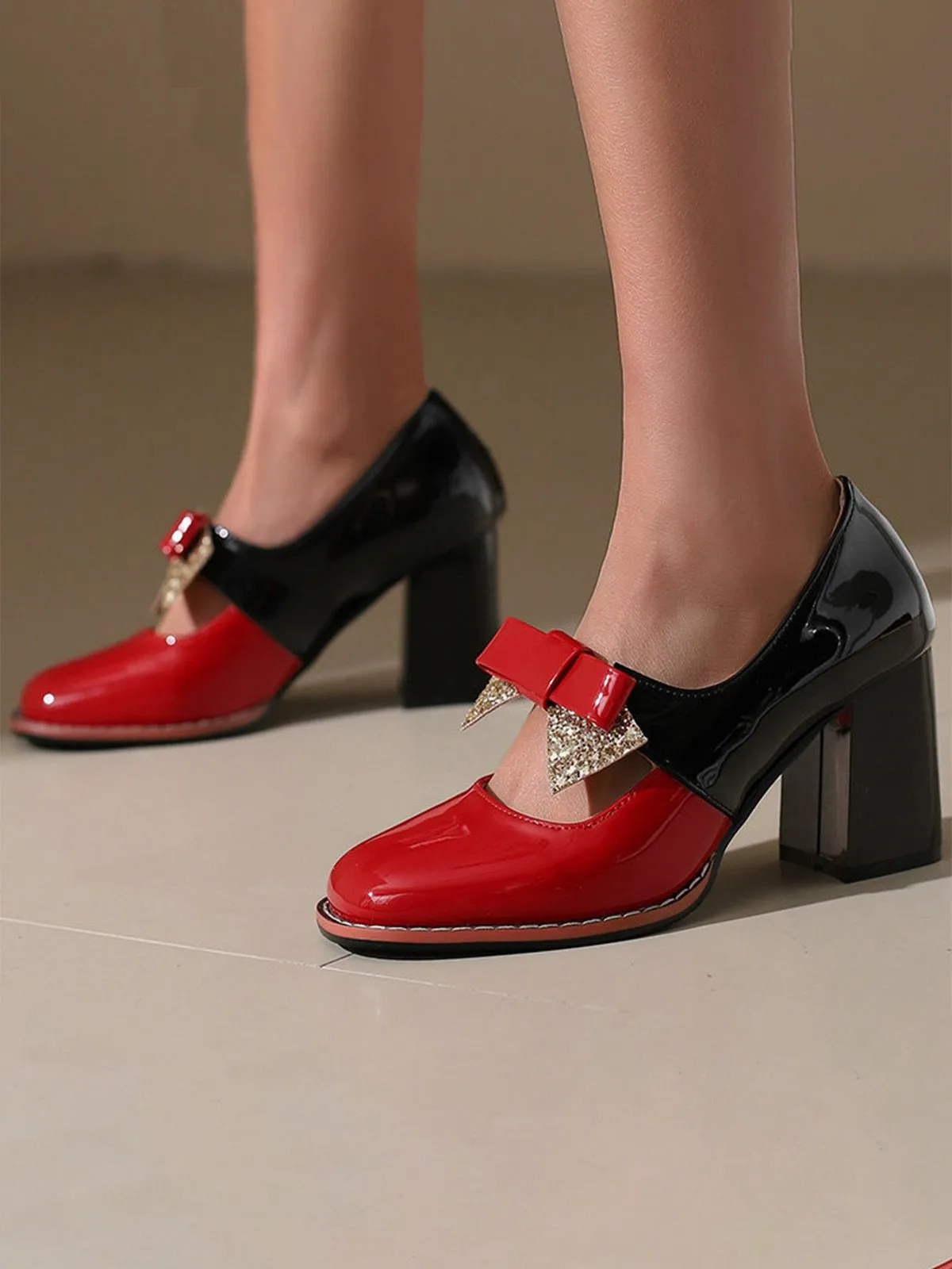 Mary Jane Colorblock Glitter Bowknot Chunky Heels sold by Retro Stage product image thumbnail 5