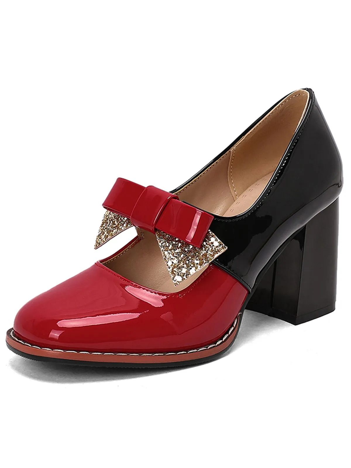 Mary Jane Colorblock Glitter Bowknot Chunky Heels sold by Retro Stage