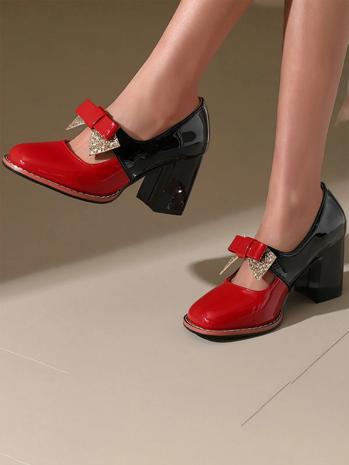 Mary Jane Colorblock Glitter Bowknot Chunky Heels sold by Retro Stage product image thumbnail 3