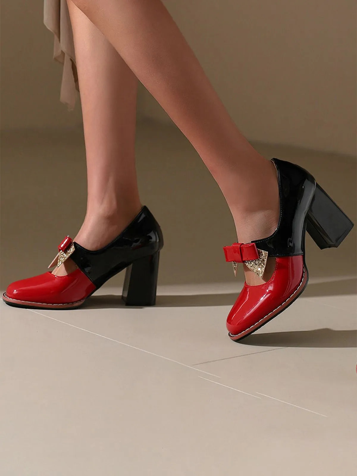 Mary Jane Colorblock Glitter Bowknot Chunky Heels sold by Retro Stage product image thumbnail 4