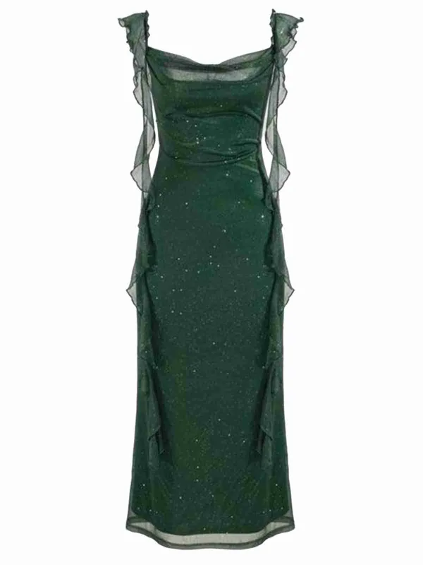 Green 1920s Sparkle Mesh Ruffle Backless Dress sold by Retro Stage