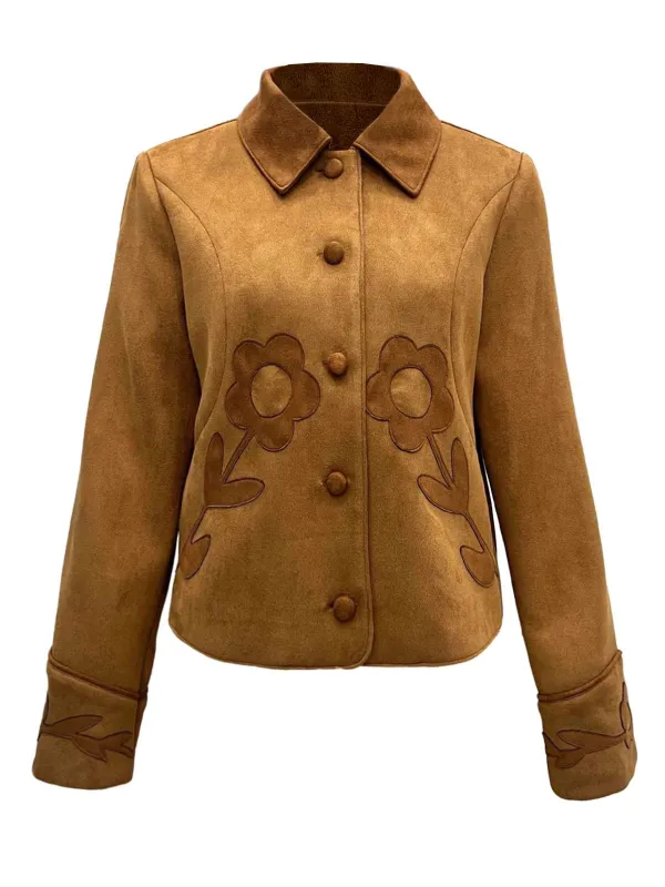 Brown 1970s Floral Suede Button Jacket sold by Retro Stage