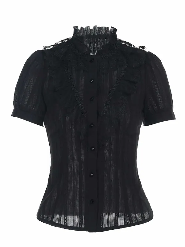 Black 1980s Gothic Pure Cotton Ruffled Blouse sold by Retro Stage
