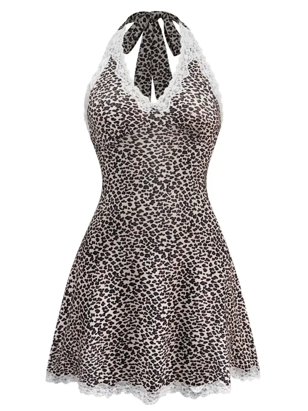 1960s Leopard Print Lace Trim Halter Nightgown sold by Retro Stage