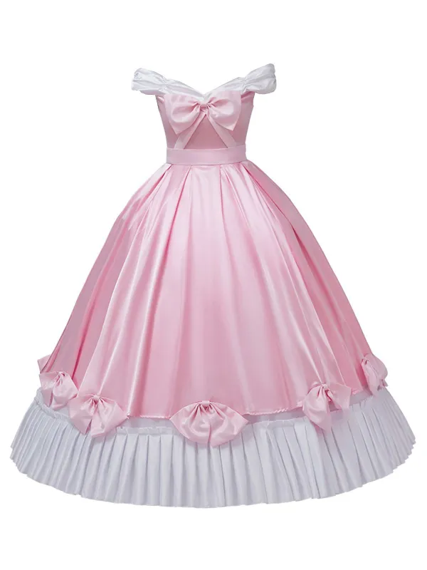 Pink 1950s Off-Shoulder Pleated Satin Bow Princess Dress sold by Retro Stage