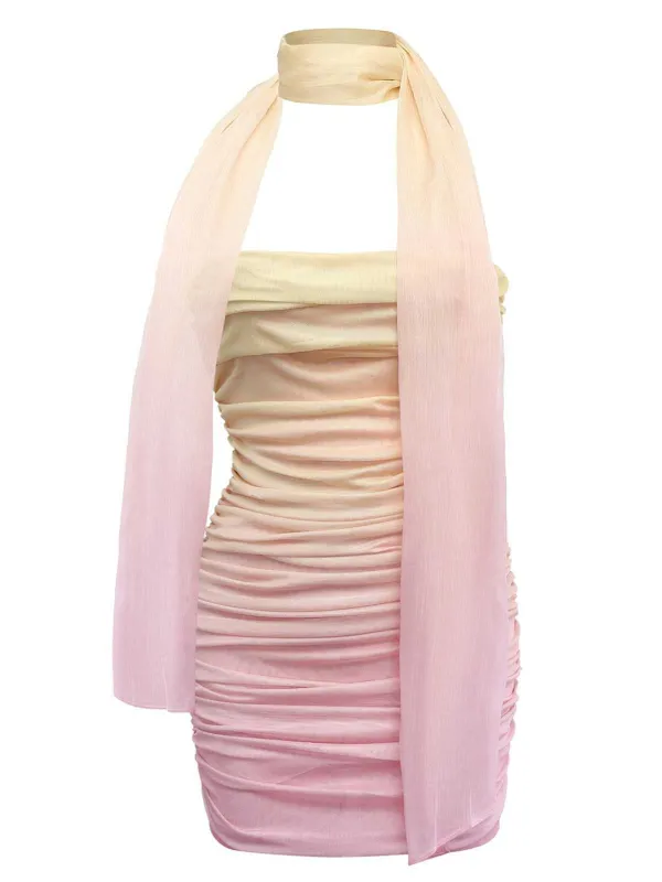 1960s Strapless Gradient Ruched Bodycon Dress With Scarf sold by Retro Stage