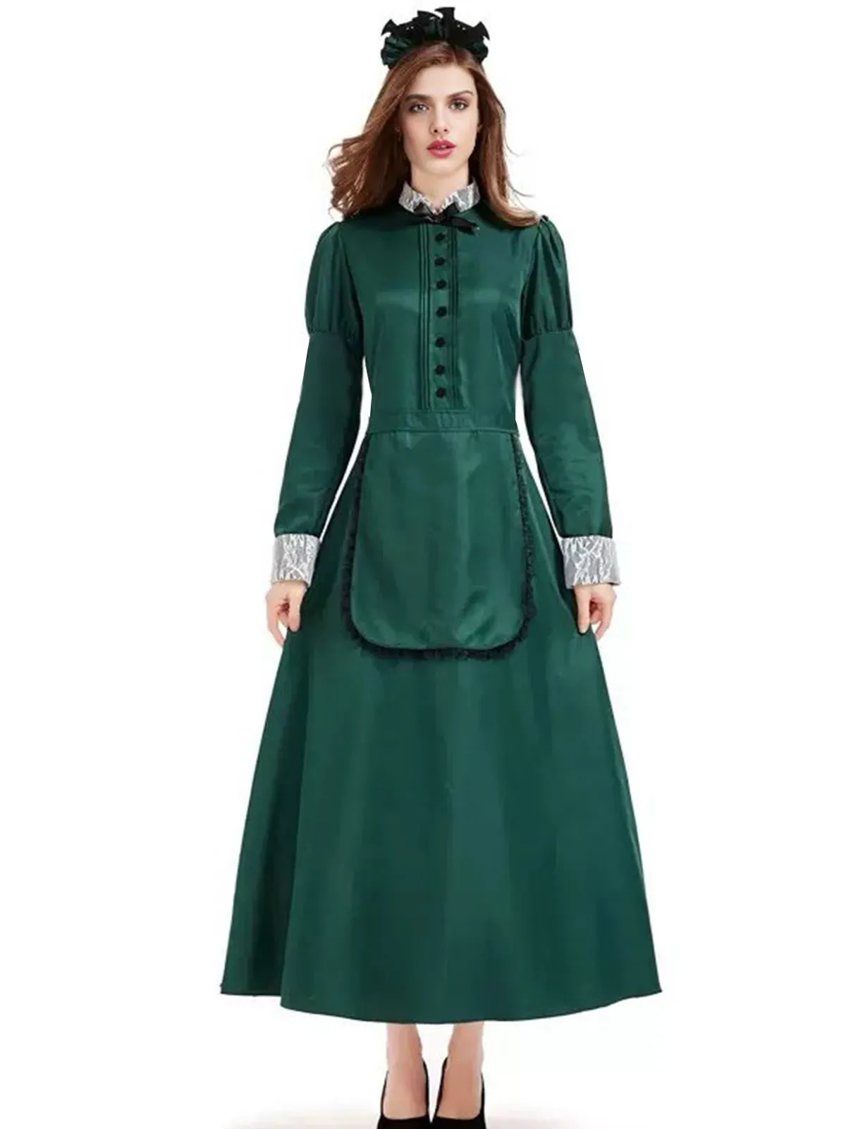 Green 1950s Victorian Satin Long Maid Dress sold by Retro Stage