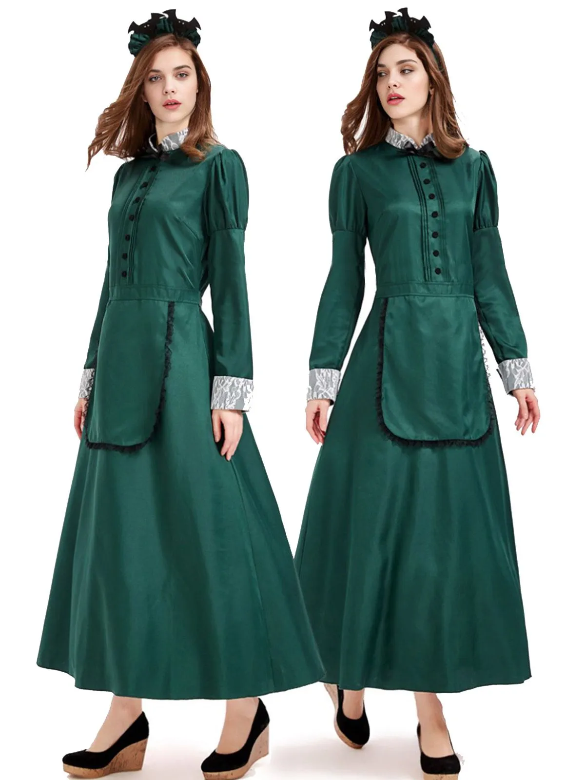 Green 1950s Victorian Satin Long Maid Dress sold by Retro Stage product image thumbnail 4