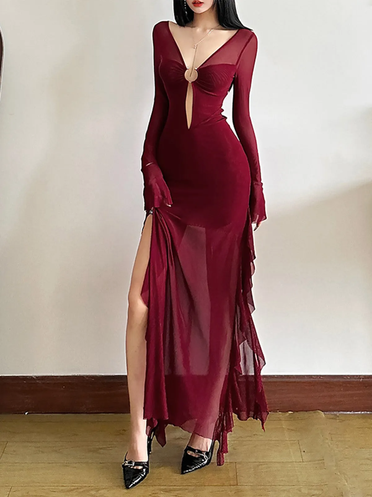 Wine Red 1970s Sheer Mesh Ruffle Maxi Dress sold by Retro Stage product image thumbnail 2