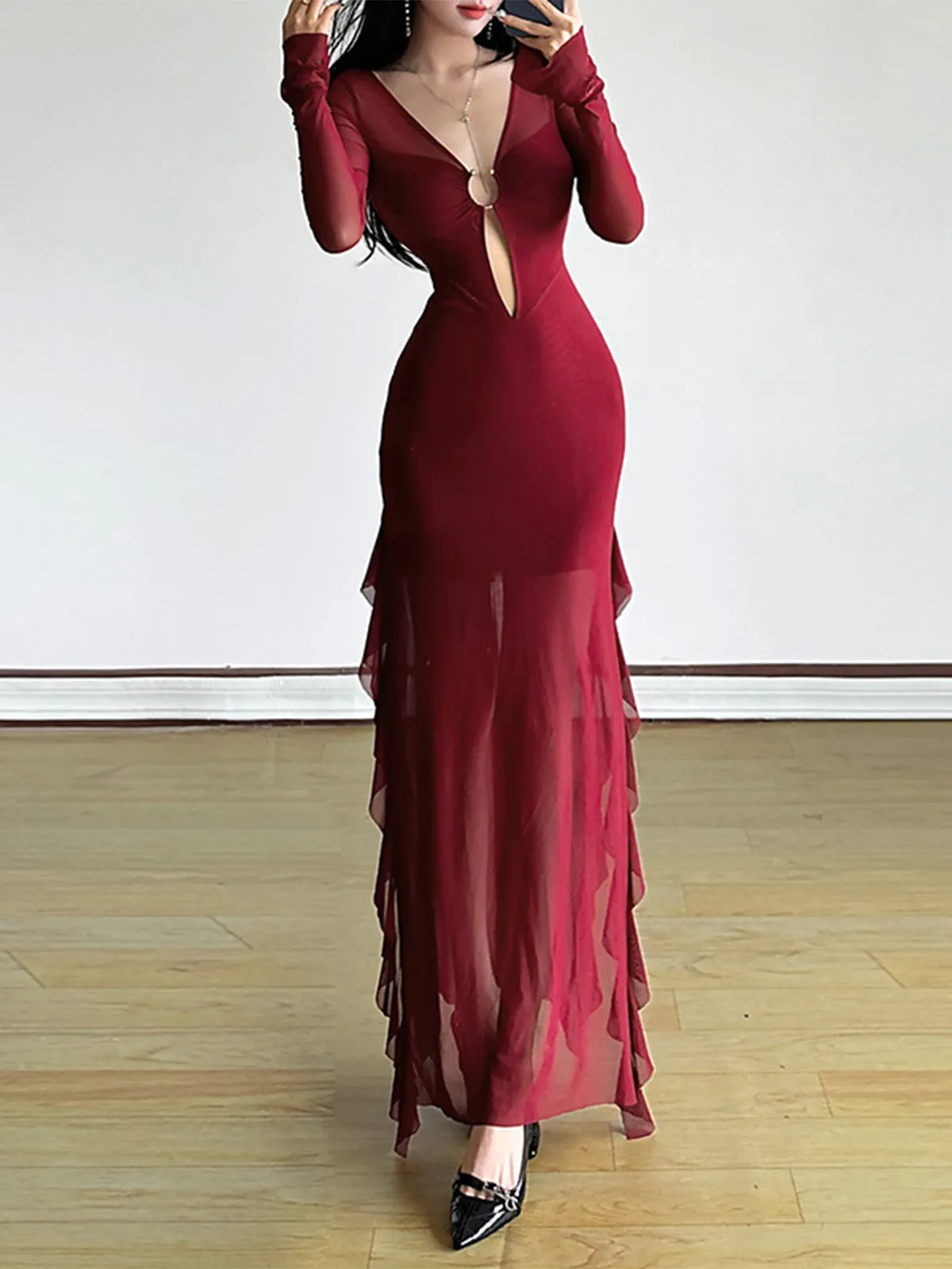 Wine Red 1970s Sheer Mesh Ruffle Maxi Dress sold by Retro Stage product image thumbnail 3